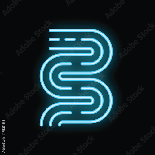 Turquoise blue neon sign representing intestines glowing in the dark