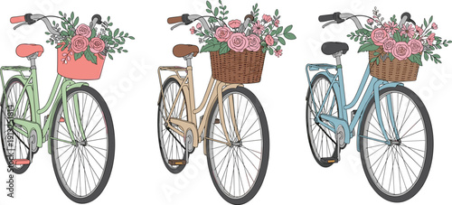 Set of vintage city bicycles with front baskets filled with pink roses and flowers, retro feminine bikes in mint green tan and blue colors vector.