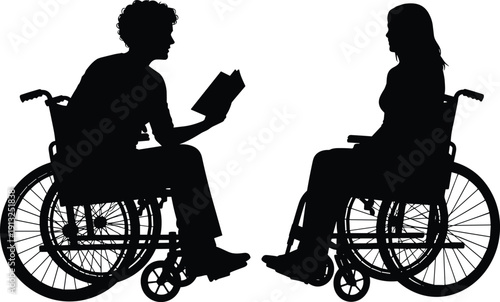 Silhouette of two people in wheelchairs having conversation, man reading book to woman, disability support and inclusive lifestyle concept isolated on white background