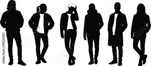 Casual men fashion silhouette set showing standing walking and relaxed poses isolated black vector illustration for modern lifestyle branding design