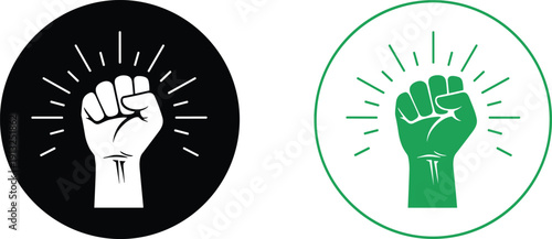 Raised fist power icons in black and green circles with sunburst rays, protest revolution and unity symbol for human rights activism and social justice vector.