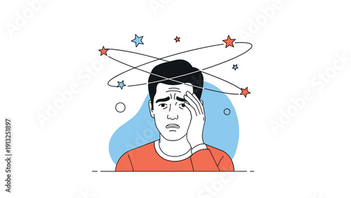 Stressed man feeling dizzy and having a headache with stars spinning around his head, representing vertigo or migraine.