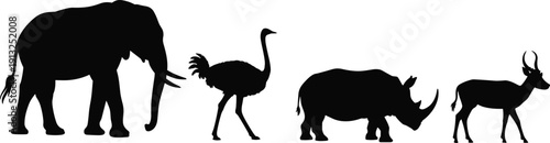 African wildlife animal silhouettes featuring elephant, ostrich, rhinoceros and antelope isolated on white background vector illustration set