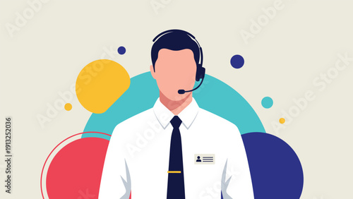 Professional male customer service representative wearing a white shirt and headset ready to help clients in a support center.