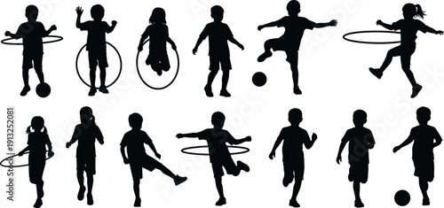 Silhouettes of children playing with hula hoops, balls, running and jumping in dynamic poses representing childhood activity, exercise, fun, movement, and healthy lifestyle