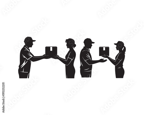Delivery Person Handing Package to Recipient Two Times in Silhouette Form