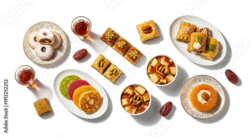 Middle Eastern sweets and desserts assortment for Ramadan celebration, flat lay on white background