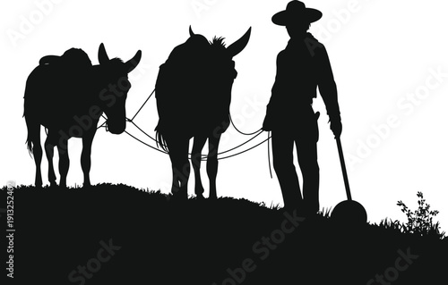 Cowboy leading pack mules silhouette on hillside, western ranch travel scene, black and white vector illustration for outdoor branding