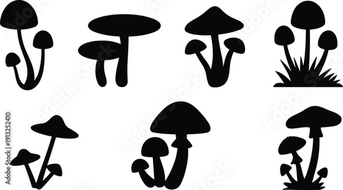 Mushroom and toadstool silhouette vector set featuring various forest fungi shapes isolated on white background illustration