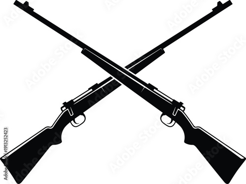 Crossed vintage hunting rifles silhouette icon, black and white firearm emblem vector illustration for outdoor sport branding and logos