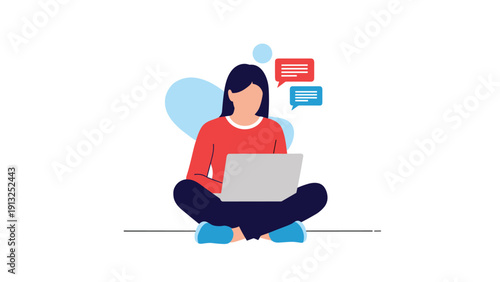 Young woman sitting cross legged on the floor using a laptop for online communication with colorful chat bubbles above her.