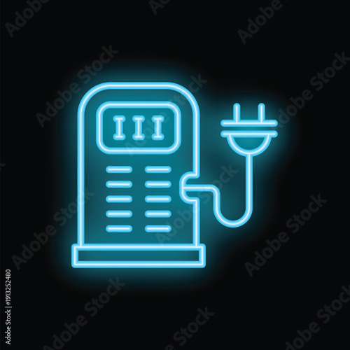 Neon icon of an electric car charging station glowing blue against a black background