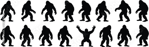 Sasquatch bigfoot silhouette set featuring multiple walking poses in black vector illustration isolated on white background
