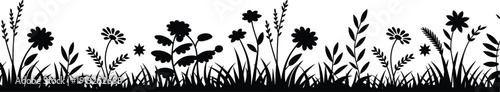 Floral meadow grass border silhouette vector featuring wildflowers and botanical plants isolated on white background illustration