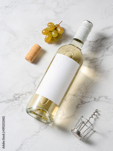 White Wine Bottle Label Mockup on White Marble Background