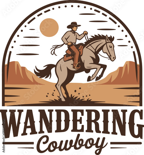 Vintage wandering cowboy riding horse logo badge with western desert landscape, retro ranch emblem vector illustration for branding and apparel