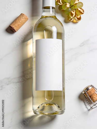 White Wine Bottle Label Mockup on White Marble Background
