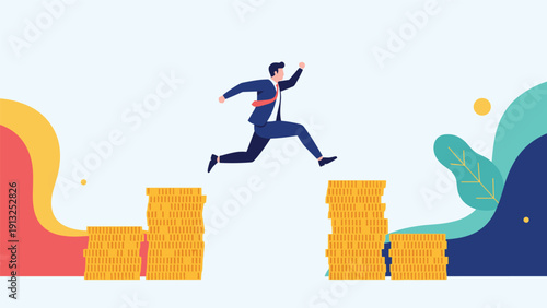 Ambitious businessman jumping over gaps between stacks of gold coins, representing financial success and wealth growth.
