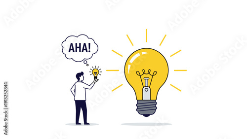 Man holding a small glowing light bulb while standing next to a giant one with a speech bubble saying AHA for new idea.