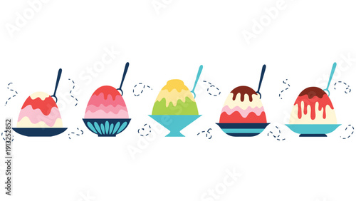 Row of colorful Japanese shaved ice bowls or kakigori in various flavors like strawberry, matcha, and melon with different toppings.