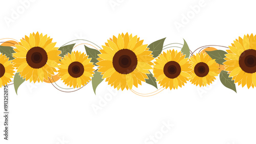 Beautiful horizontal border made of many bright yellow sunflowers with green leaves and elegant swirling lines on a white background.