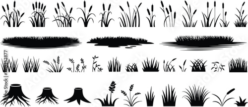 Wetland grass and cattail silhouette collection featuring marsh plants, pond reeds and tree stumps vector set isolated background