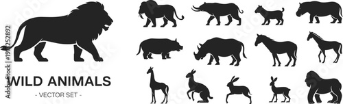 Wild animals silhouette vector collection featuring lion, rhinoceros, horse, deer and safari wildlife isolated on white background