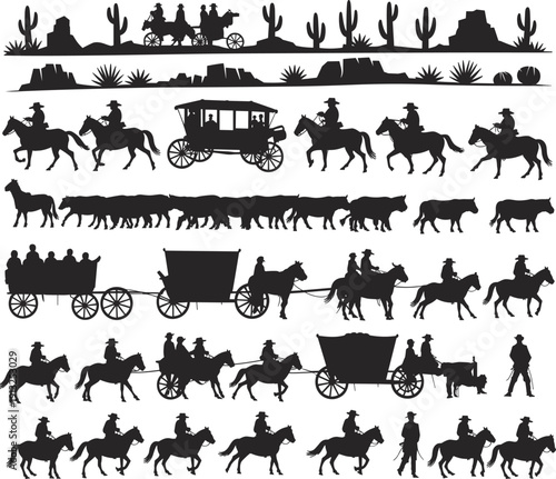 Wild West Wagon Train and Cowboy Silhouette Collection with Horses, Cattle Drive and Desert Cactus Landscape Vector Set