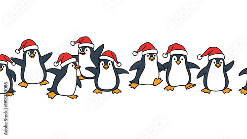 Line of adorable penguins wearing red and white Santa hats, walking and waving their flippers, perfect for Christmas or winter decorations.