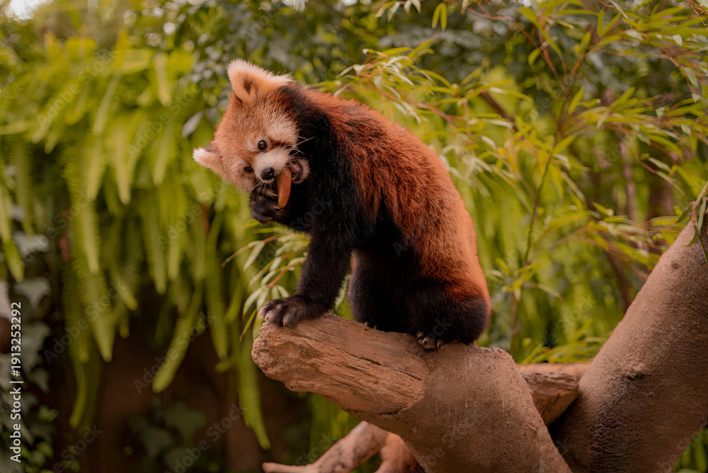 Obraz premium Cute red panda eating a snack, japanese red panda on a branch