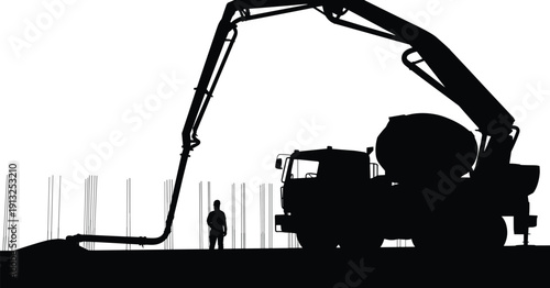 Concrete pump truck silhouette with worker at construction site showing industrial building process black vector illustration isolated on white background