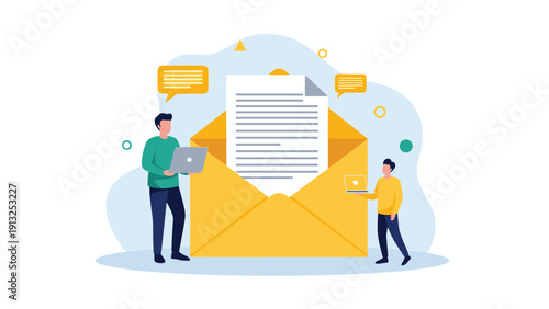 Group of professional people using laptops while standing around a giant yellow envelope with a document coming out of it.