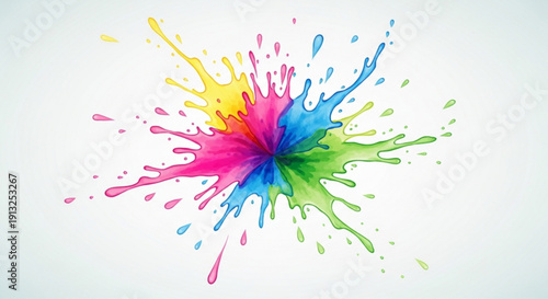 Vibrant colorful paint splatter explosion on white background dynamic artistic expression with pink blue green and yellow hues