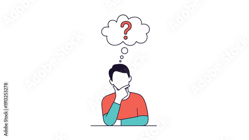 Young man in red shirt looking up thoughtfully with a question mark inside a speech bubble above his head for uncertainty.