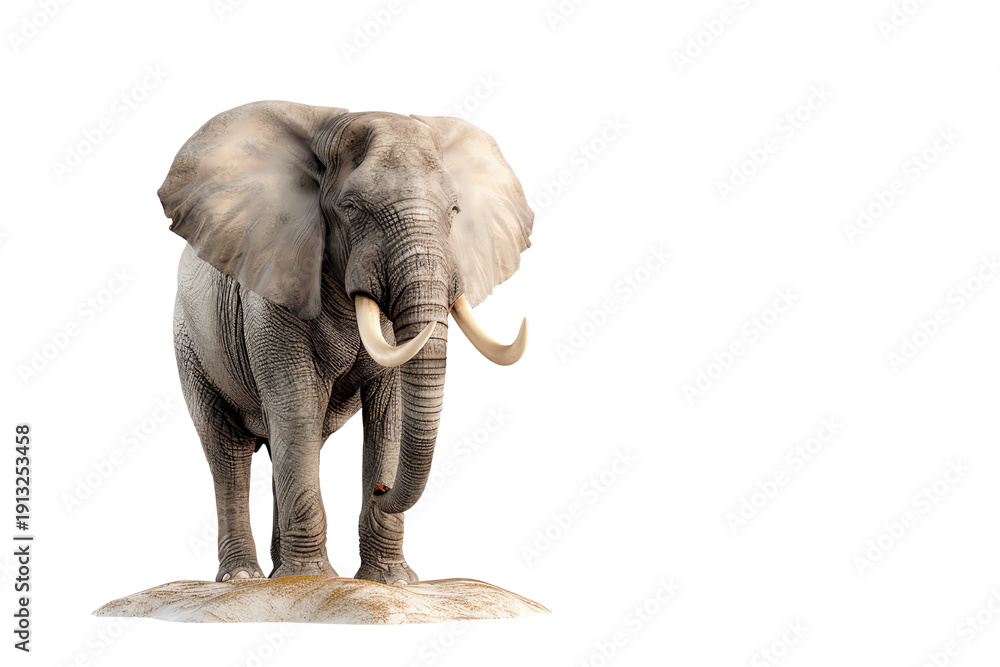 Obraz premium A majestic elephant standing gracefully, showcasing its large ears and tusks against a white isolated background.