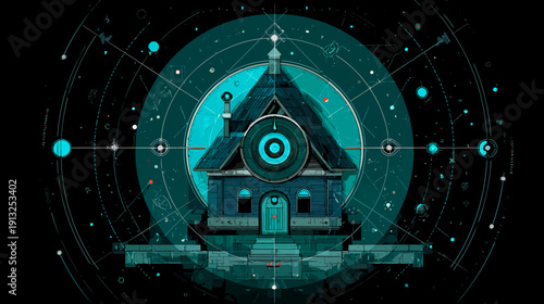 A stylized house within a celestial diagram, rendered in teal and black, with pixelated art