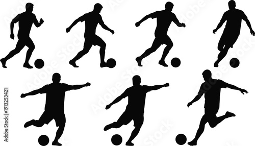 Soccer player silhouette set showing running dribbling and kicking actions isolated black vector illustration for football training branding design