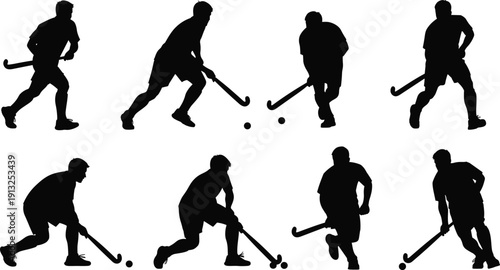 Field hockey player silhouettes set showing dribbling running and shooting actions isolated black vector illustration for sports training design branding advertising posters