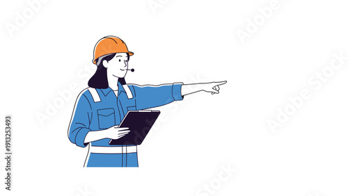 Professional female engineer in blue work uniform and orange hard hat holding a clipboard and pointing towards a direction.