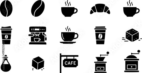 Collection of simple black icons representing coffee, cafe culture and breakfast items.