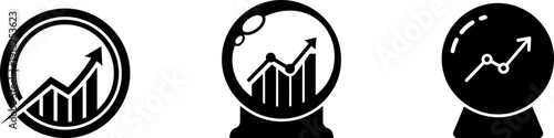 Forecasting black icons showing crystal ball and growth chart vector art isolated on transparent background