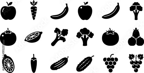 Collection of fresh fruit and vegetable icons for healthy eating and nutrition concepts.