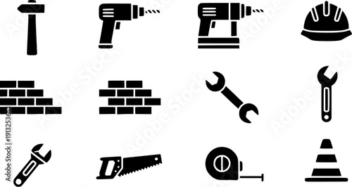 Collection of construction tools and materials icons for building projects