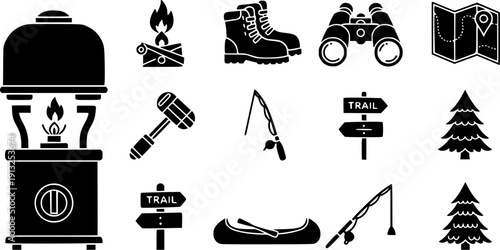 Outdoor adventure icons for camping, hiking, and fishing expeditions.