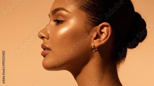 Close-up profile of woman with glowing skin, gold hoop earring, dark hair bun, neutral background