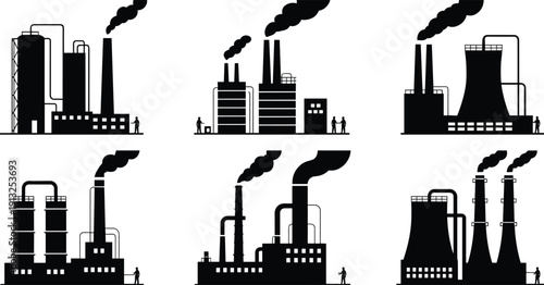 Industrial factory skyline silhouettes showing power plants chimneys pipelines and workers representing manufacturing energy production black vector illustration isolated