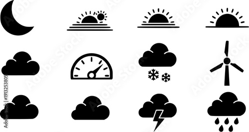 Collection of simple black and white icons representing weather conditions and climate.