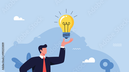 Professional businessman in a suit holding his hand out with a glowing light bulb floating above it, symbolizing a new idea.