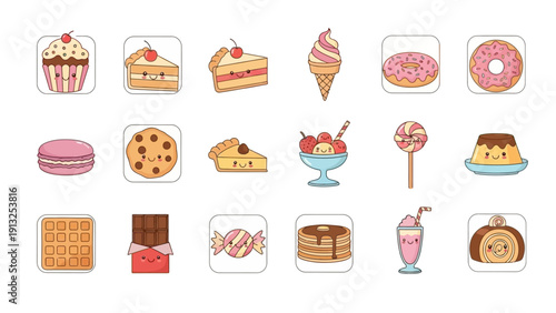 Cute cartoon sweet treats and desserts illustration collection