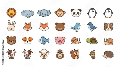 Collection of cute cartoon animal faces and figures on a white background.
